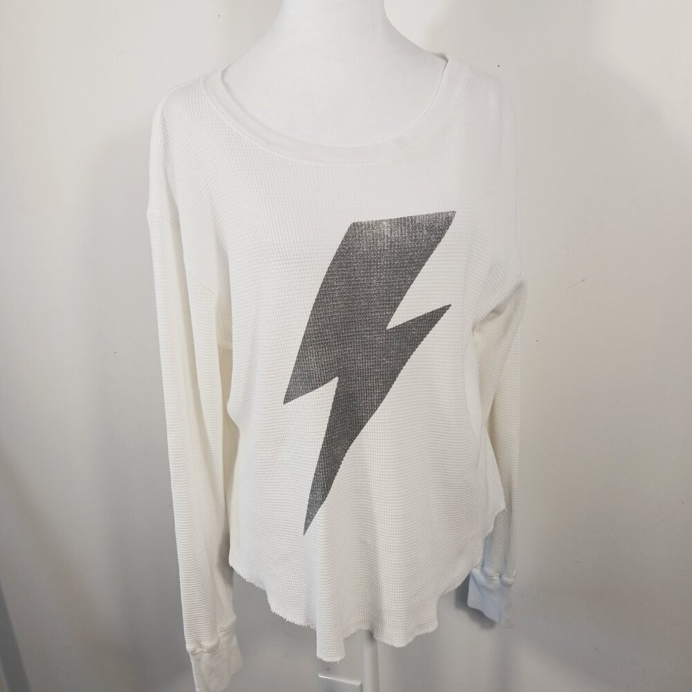 LETLUV Anthropologie MED, Off White Thermal With Gray Lightening Bolt Graphic - Picture 6 of 15